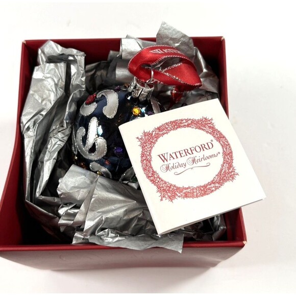 Waterford Sapphire Scroll Egg Jeweled Blown Glass Ornament Rare 1997 Handmade - Picture 3 of 13